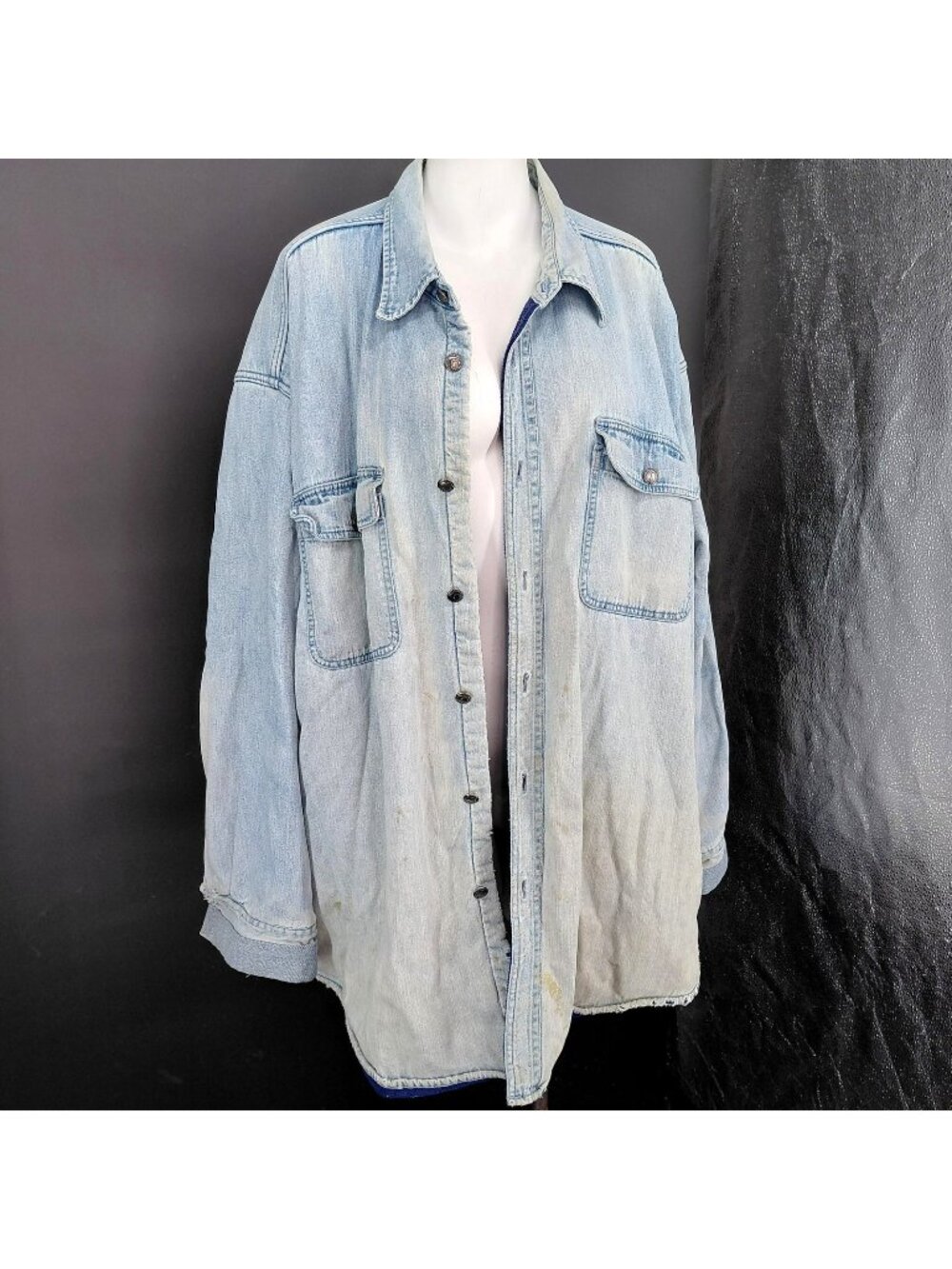 Orvis Jacket Coat 2XL Blue Denim Chore Barn Fleece Line Button Workwear Distress
